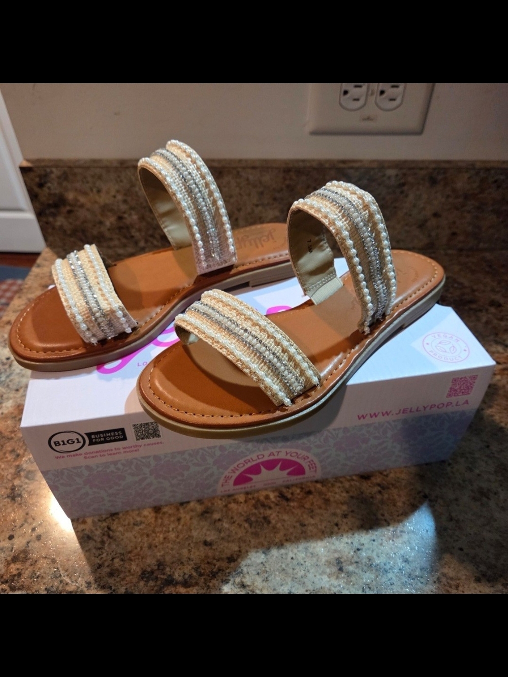 Jellypop Cream Beaded Double-Strap Slide Sandals